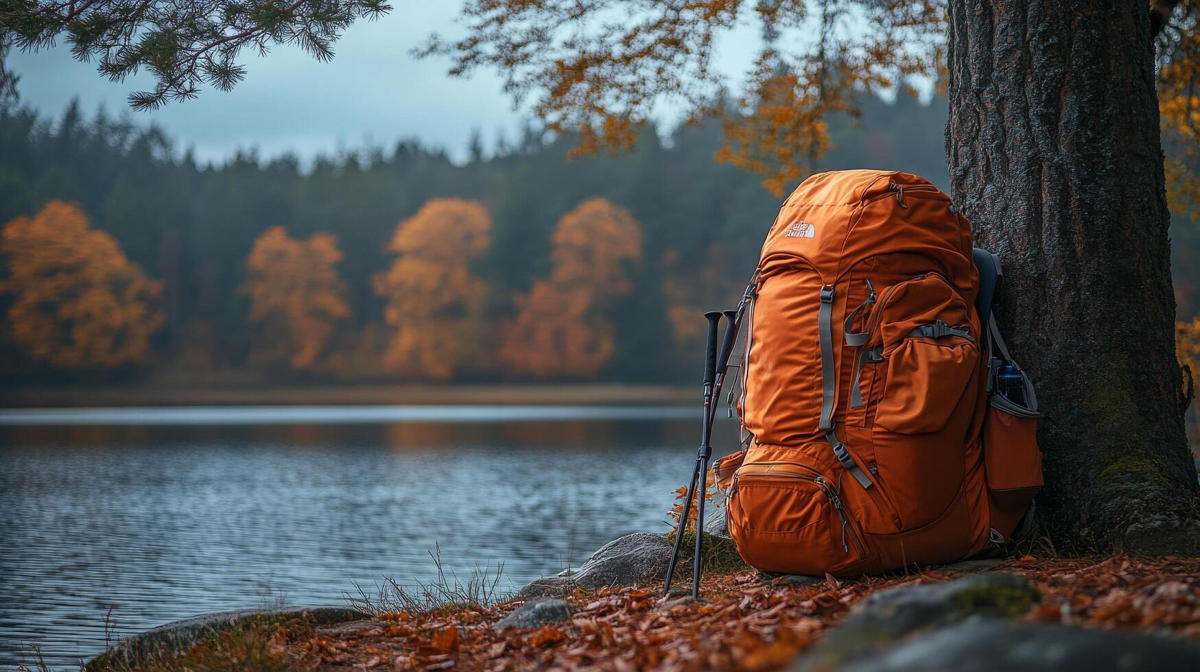 An orange backpack sits next to a tree by a lake photo
