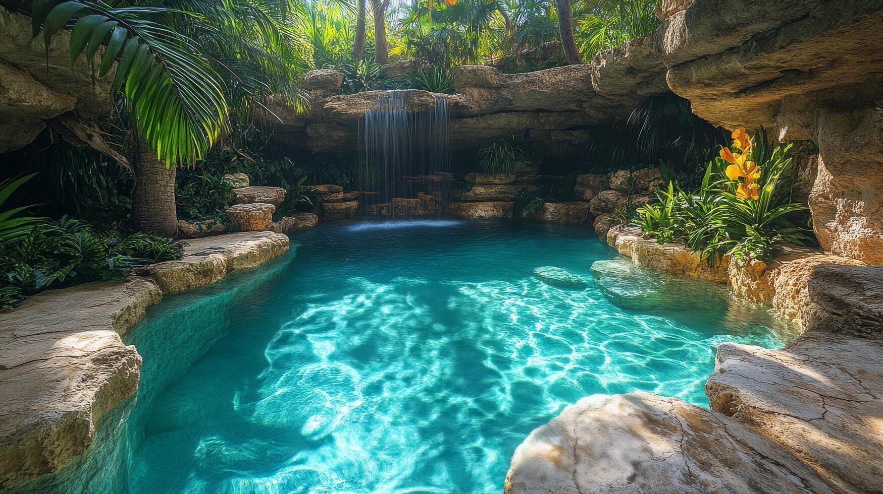 A pool with a waterfall and rocks in the middle photo
