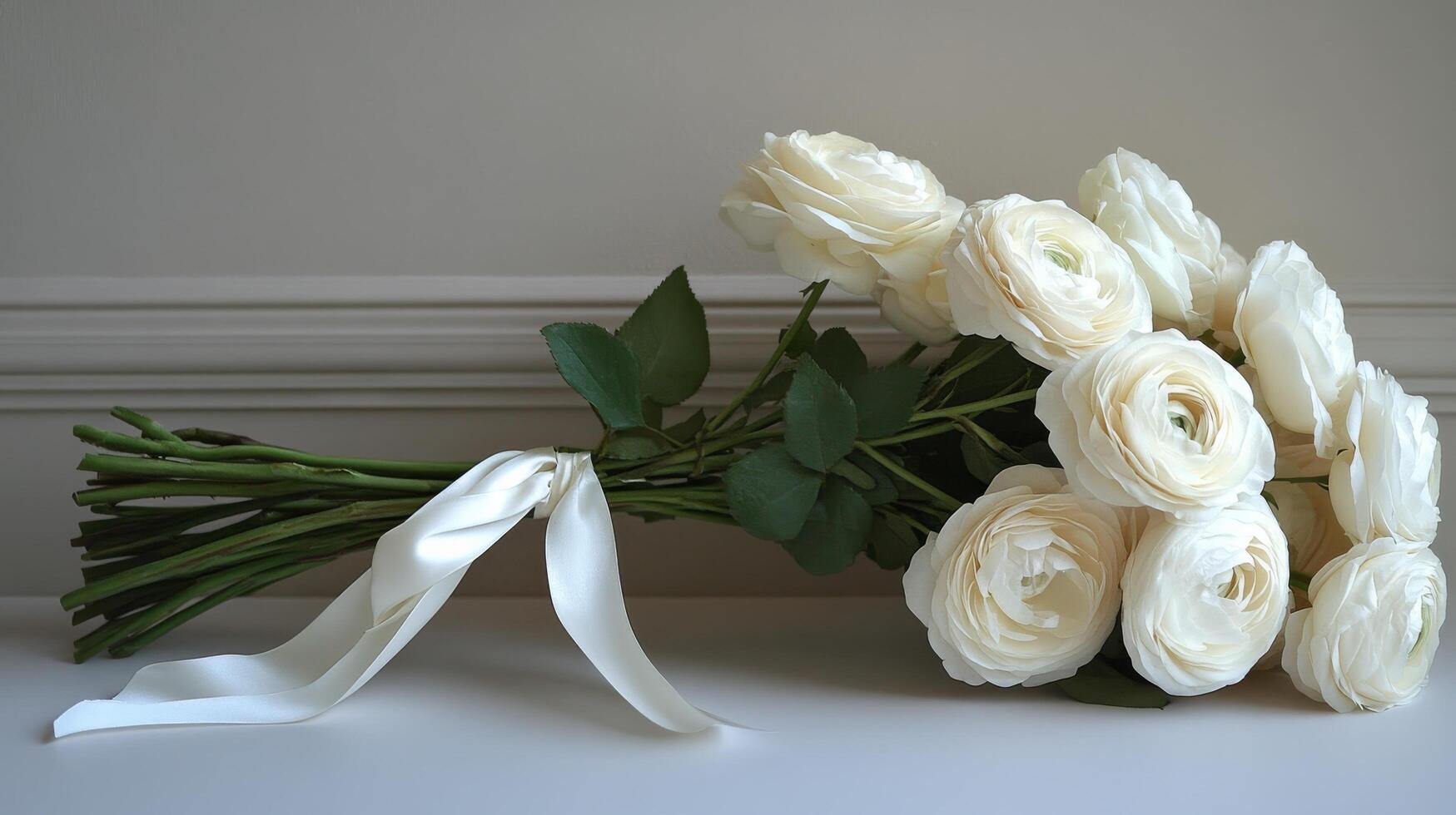 A bouquet of white flowers with ribbon tied to it photo