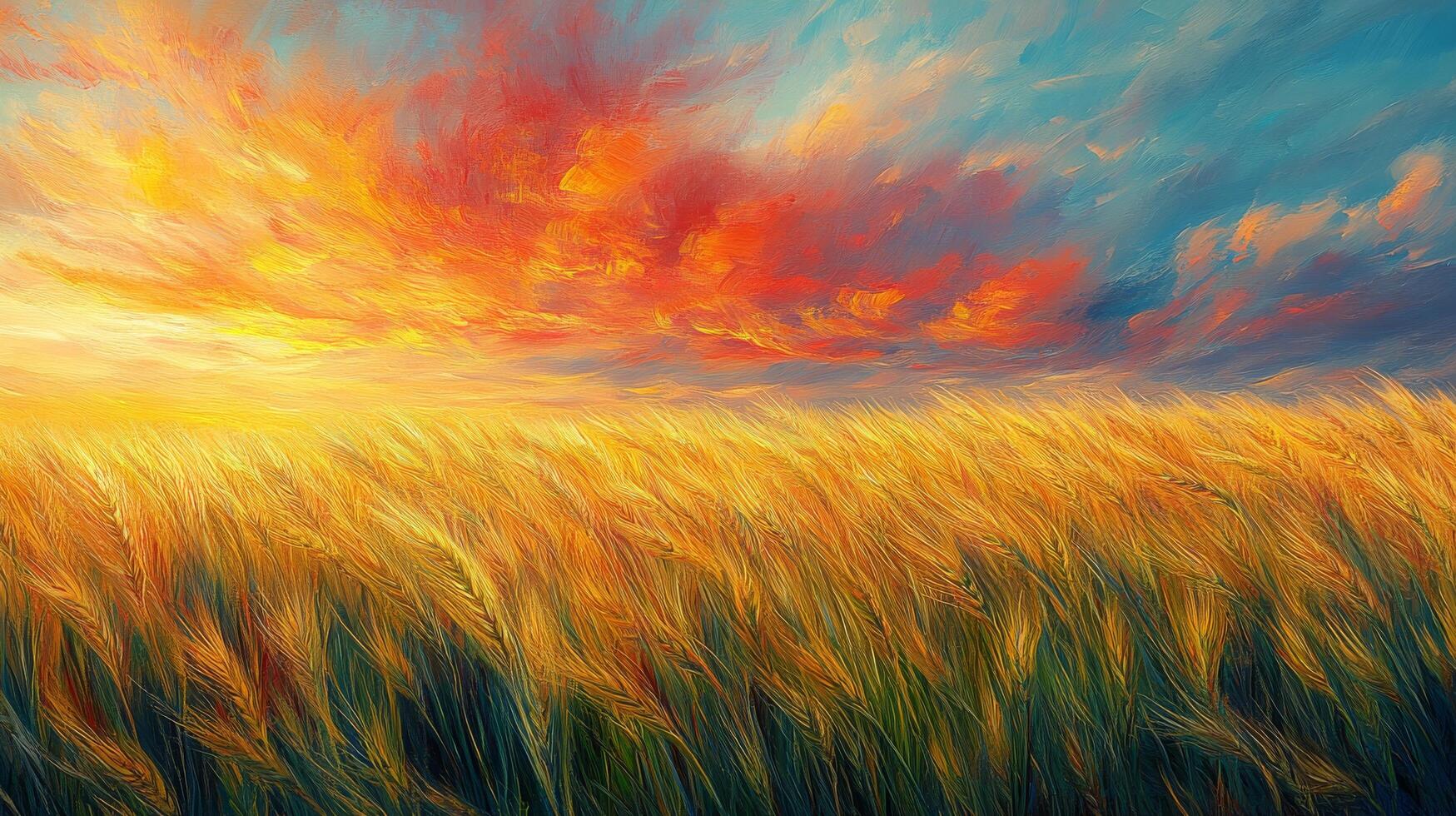 A painting of a field of wheat with a colorful sunset photo