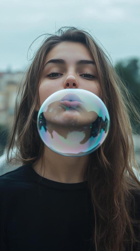 A woman blowing a bubble with her mouth open photo