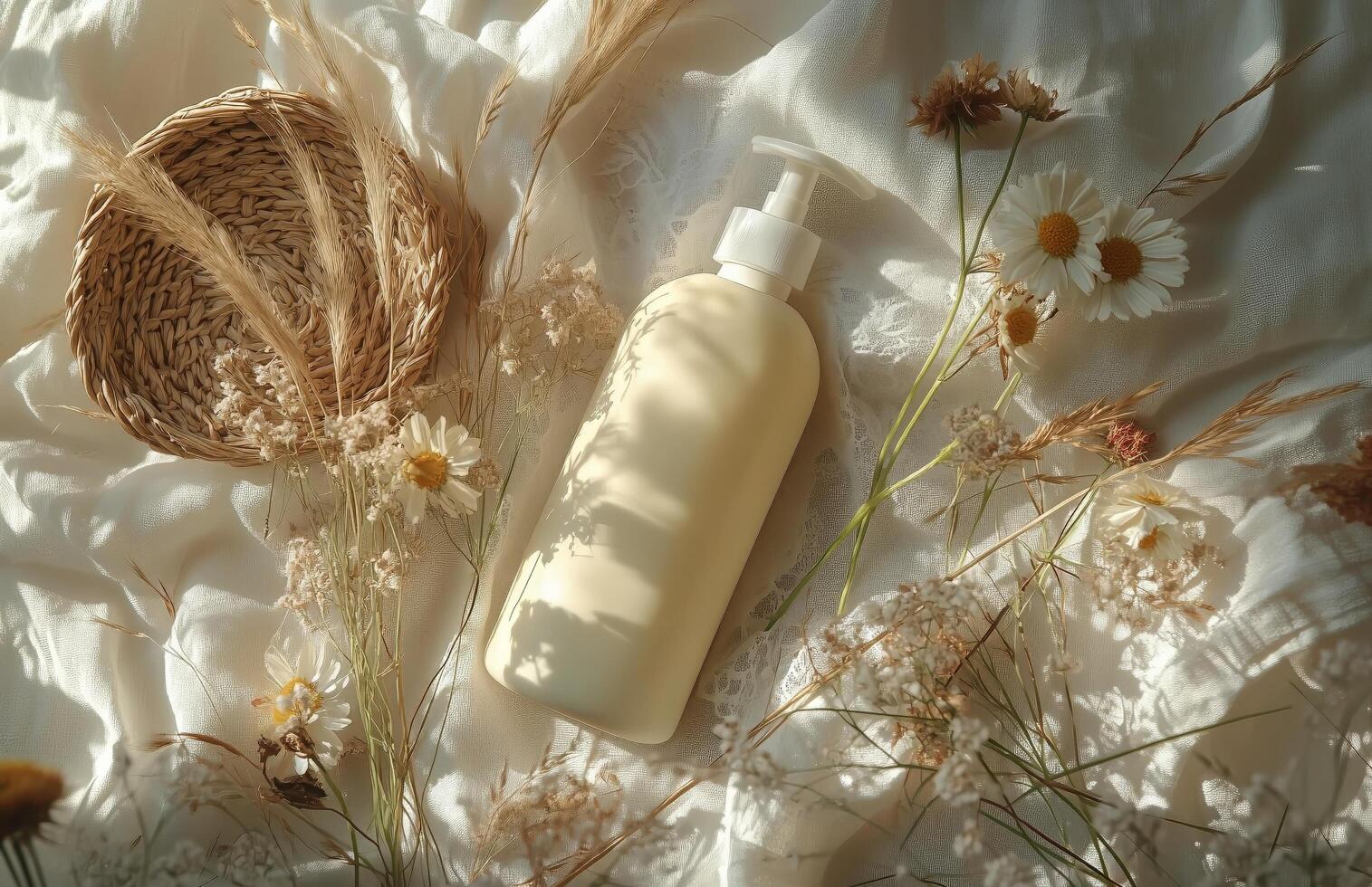 A bottle of lotion and flowers on a bed photo