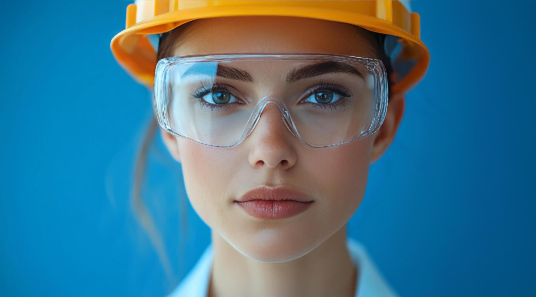 A woman wearing a hard hat and safety glasses photo