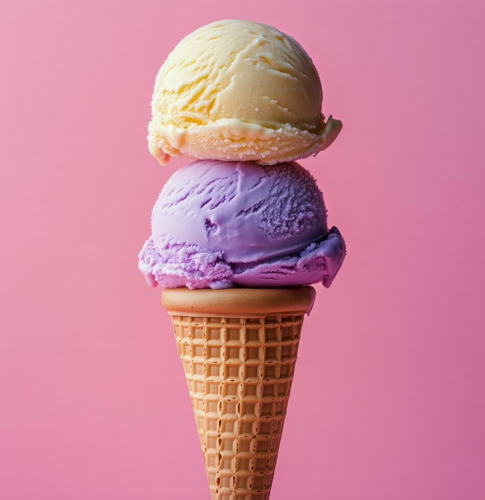 Three ice cream cones in a waffle cone on a pink background photo