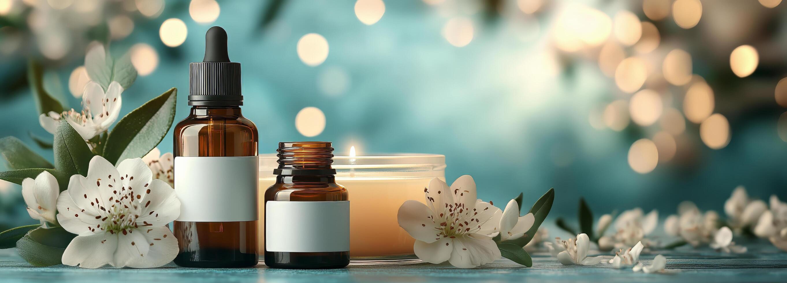 Essential oils and candles on a wooden table with bokeh lights photo