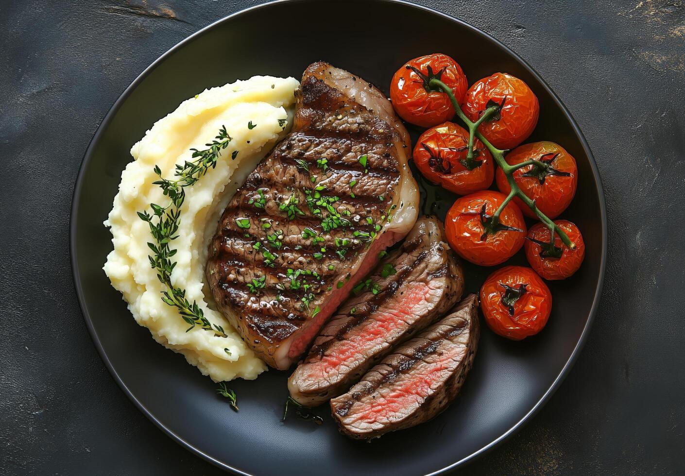 Grilled steak with mashed potatoes and tomatoes on a black plate photo