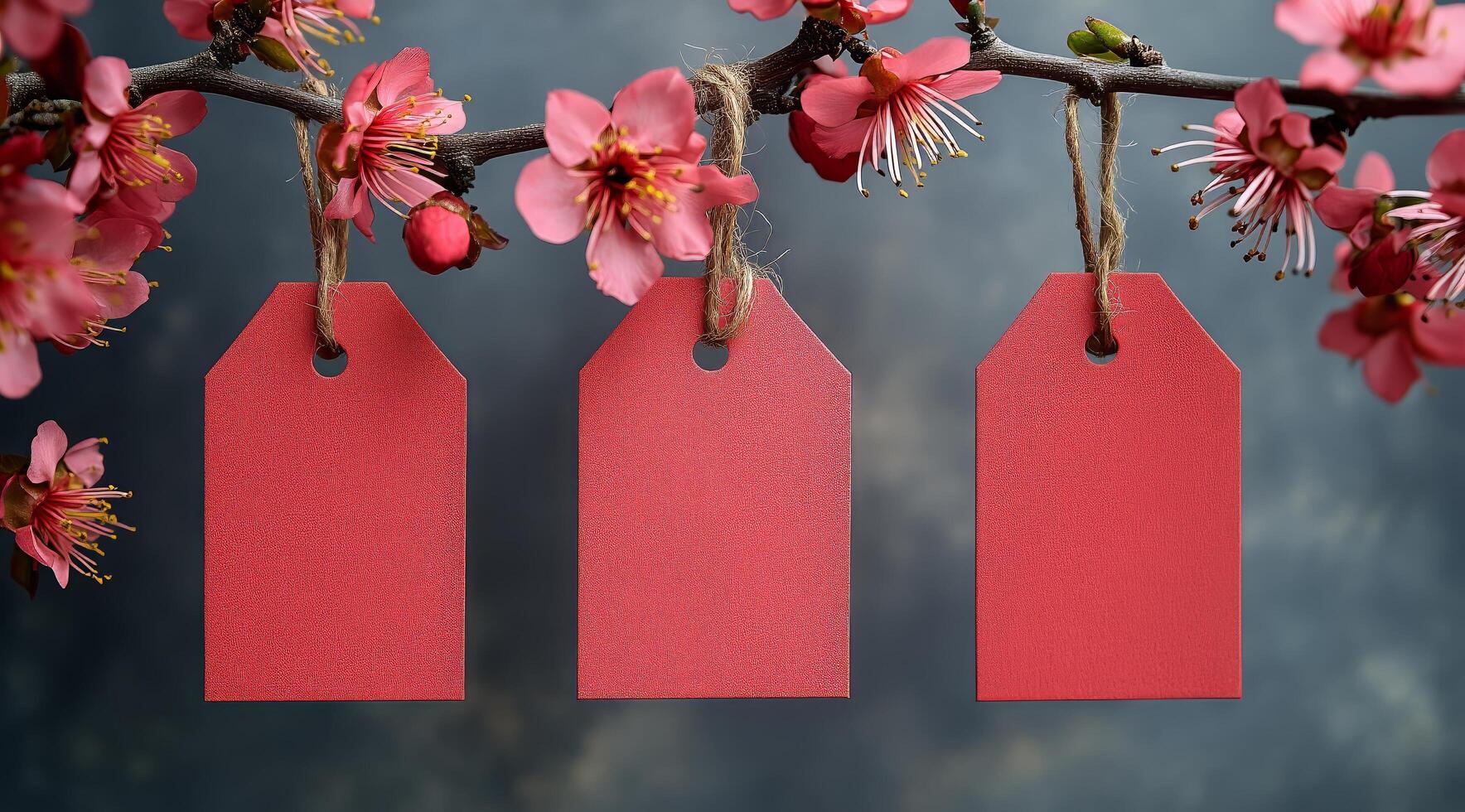 Three red tags hanging from a branch with pink flowers photo