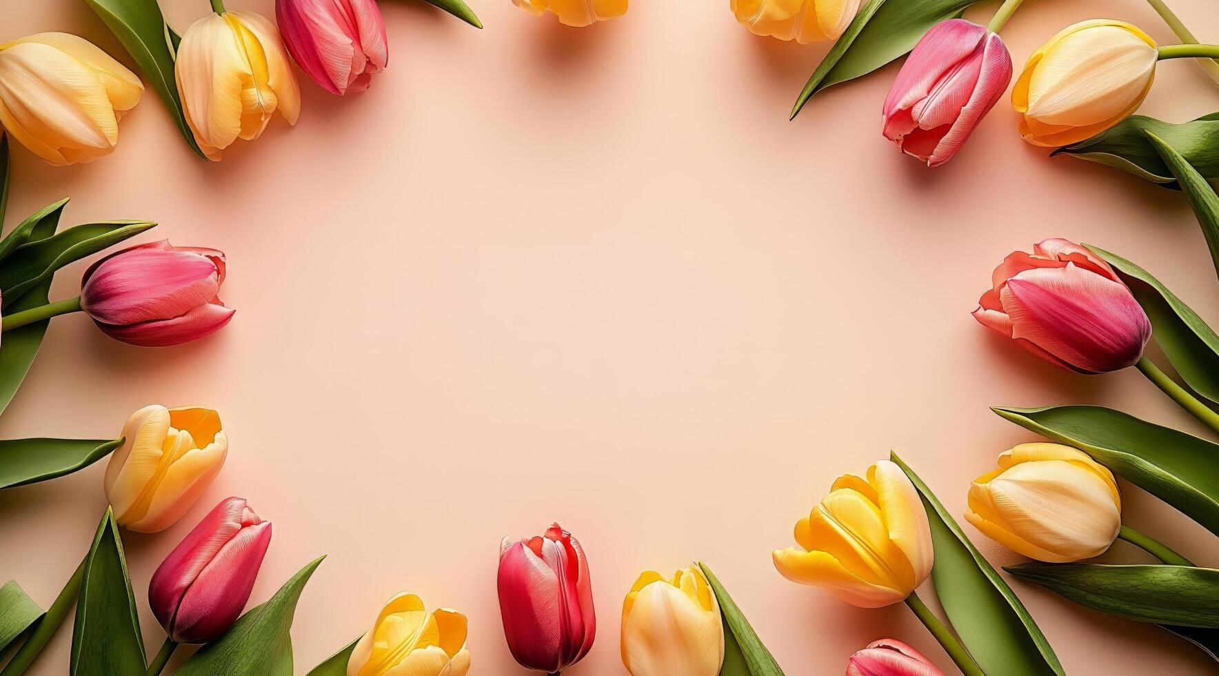Colorful tulips on pink background photo