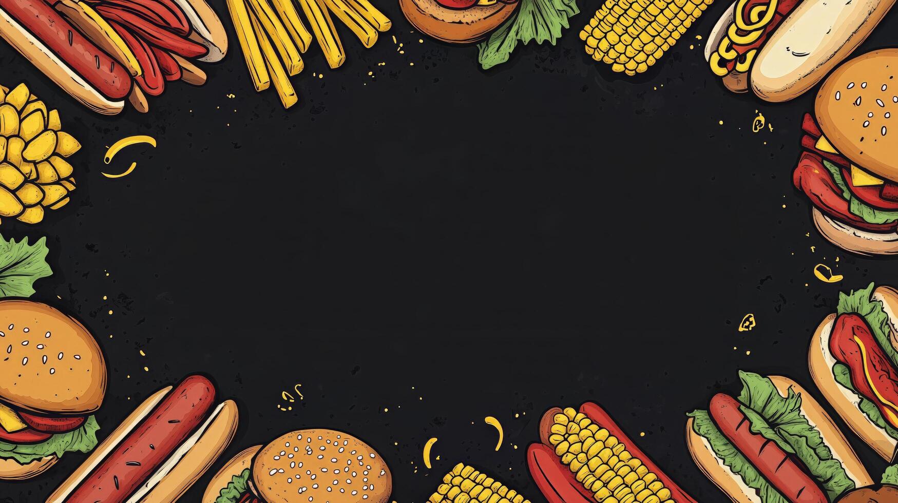 A black background with various foods and drinks photo
