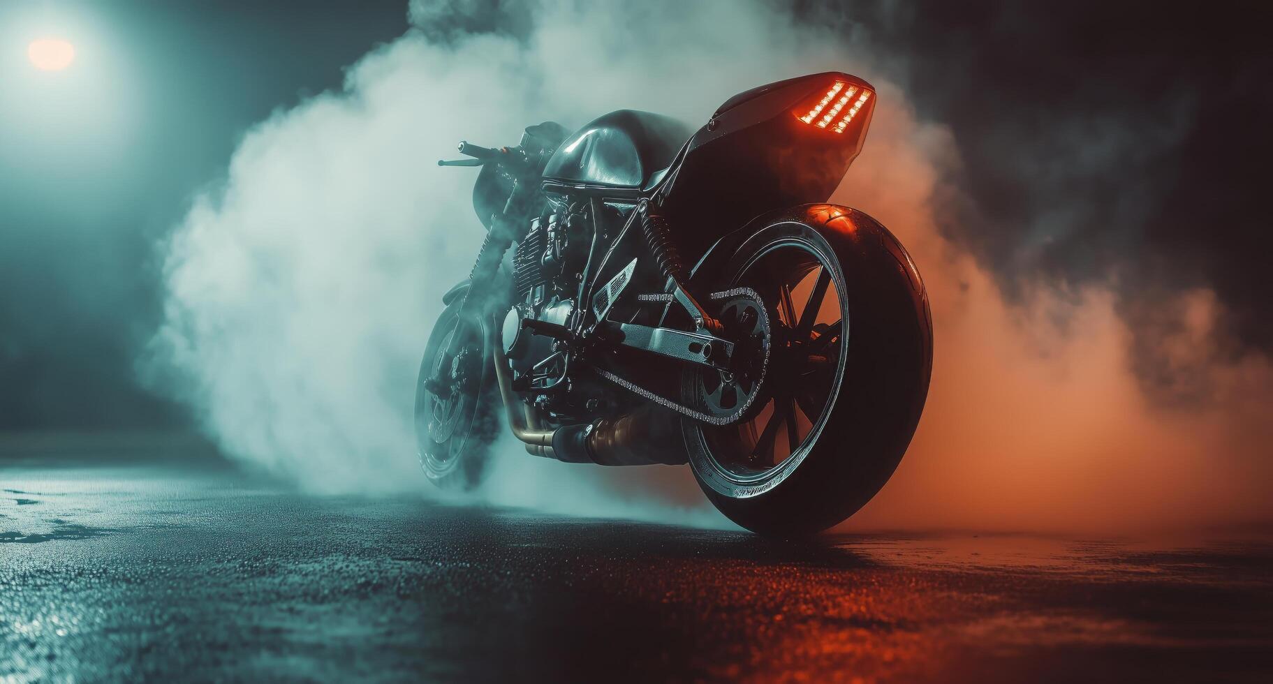 A motorcycle is sitting in the dark with smoke coming out of it photo