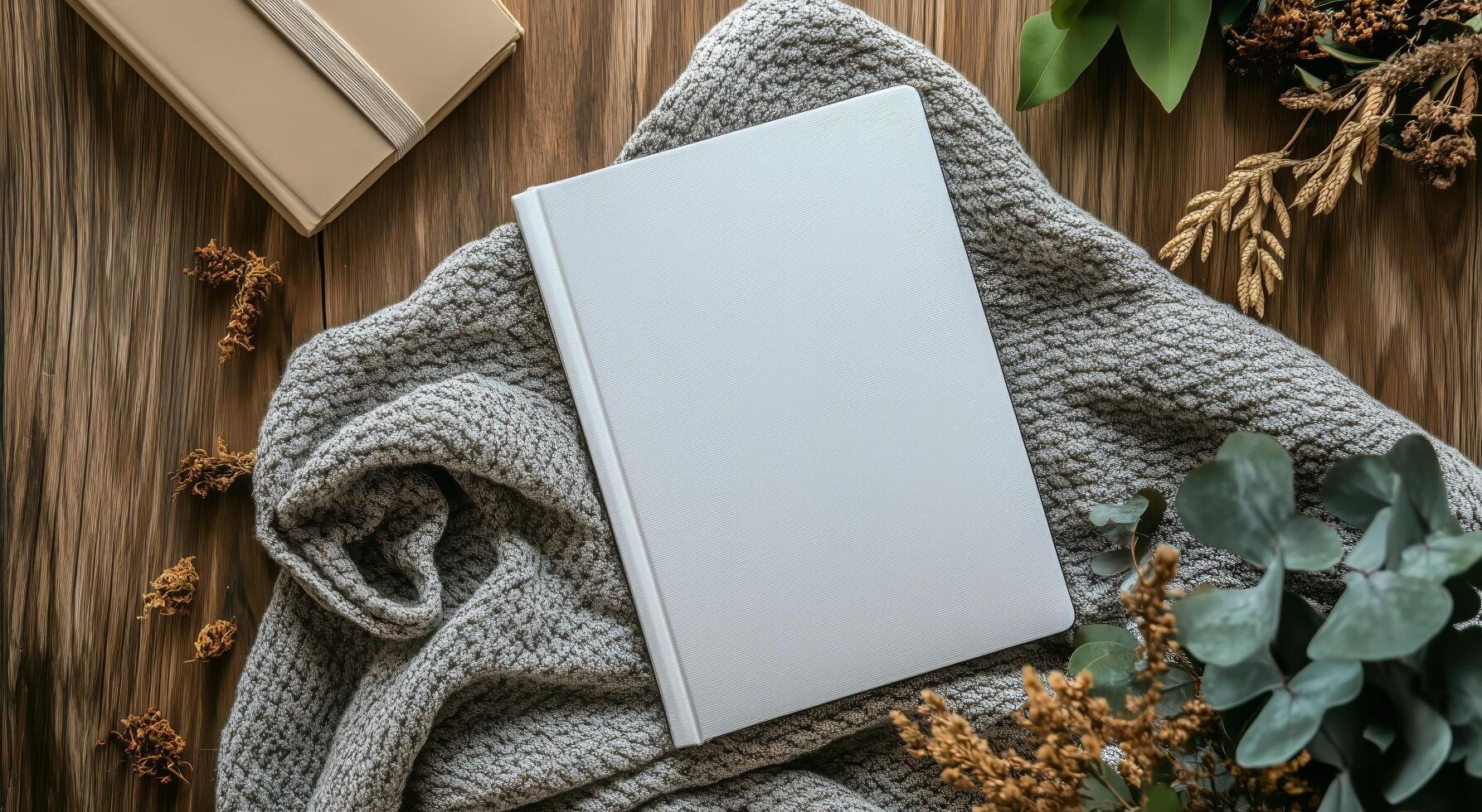Blank book on a wooden table with a gift box and plants photo