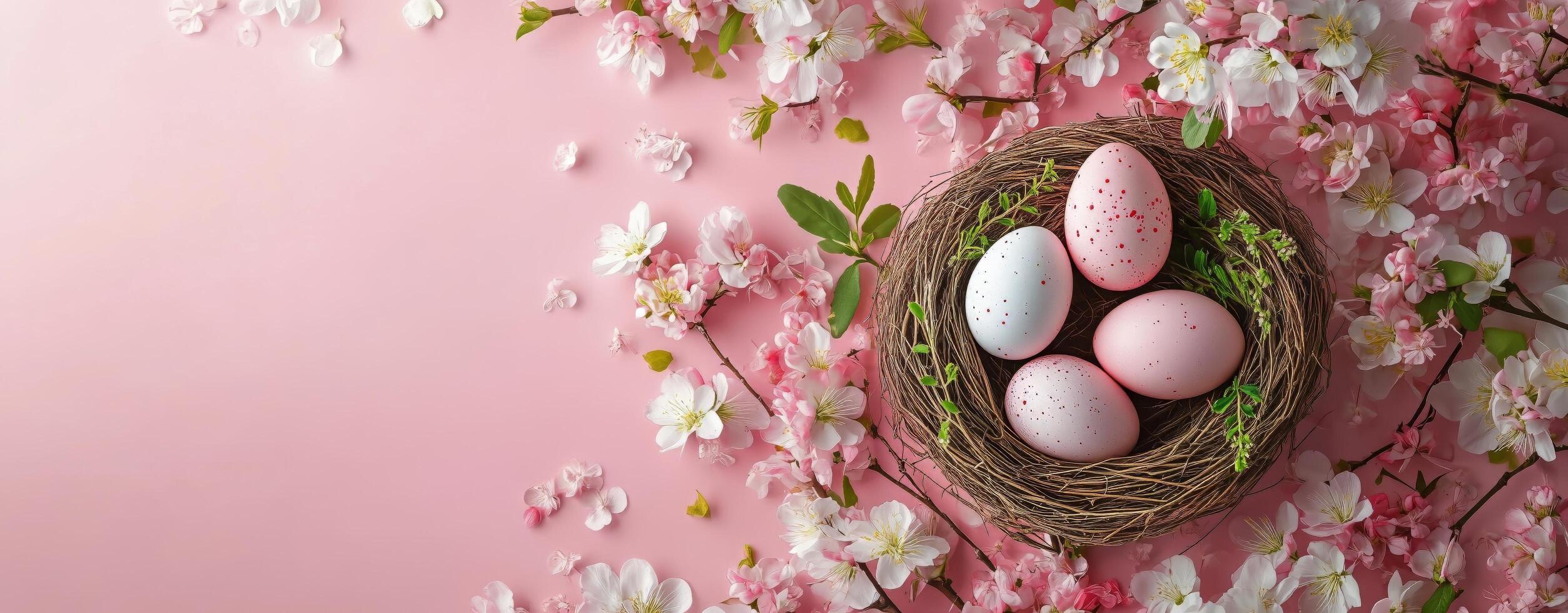 Easter eggs in a nest on a pink background photo