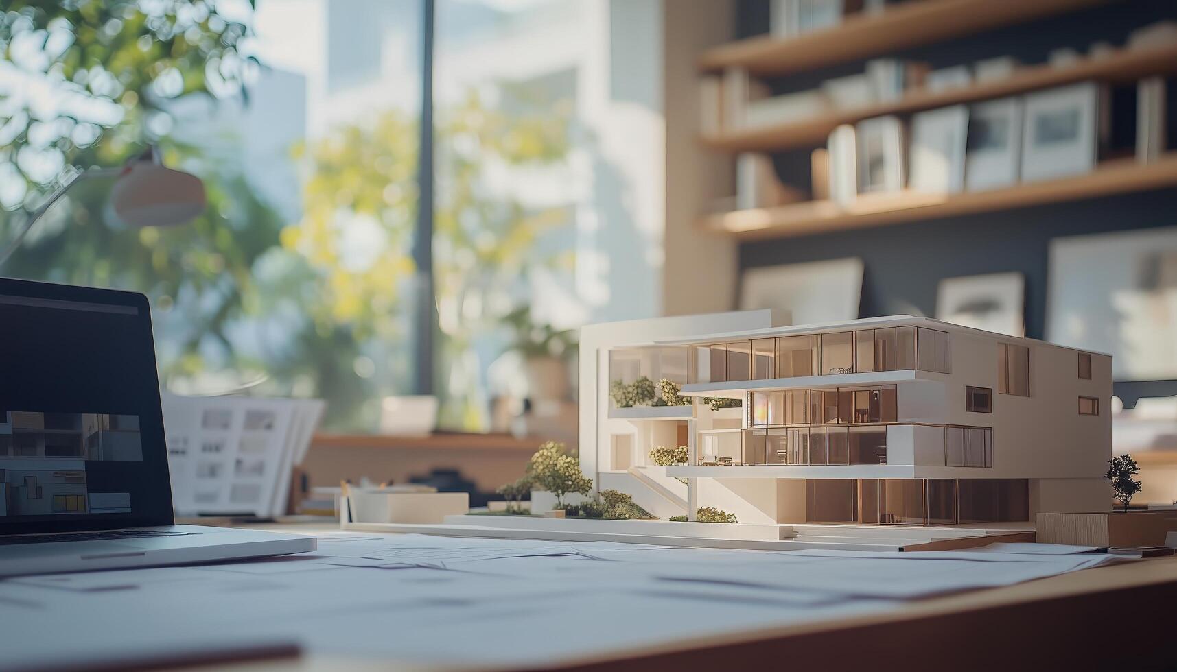 A model of a house is sitting on a desk photo