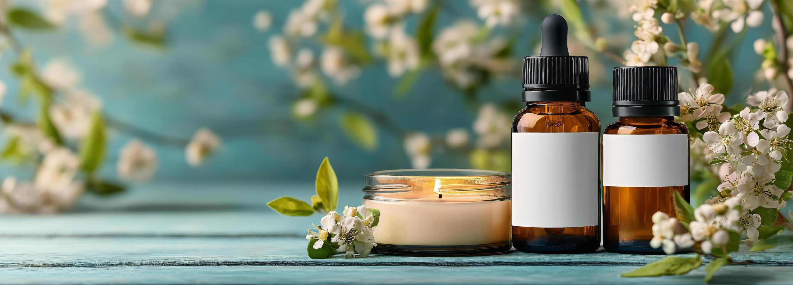 Essential oils and candles on a wooden table photo