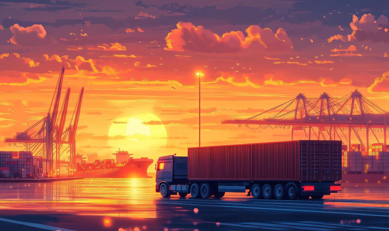 A truck is driving down a road at sunset photo