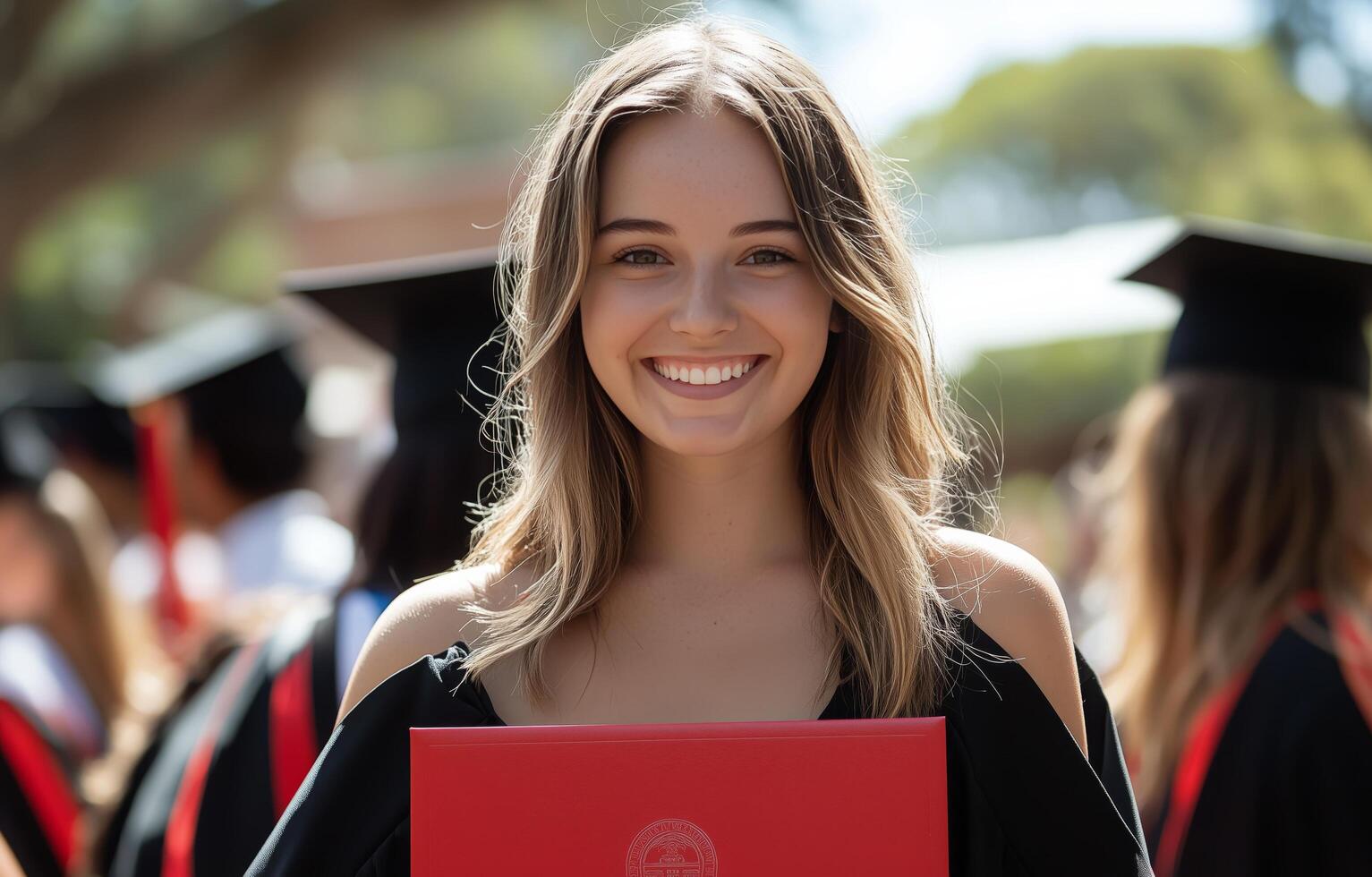 A woman in a graduation gown holding a red folder photo