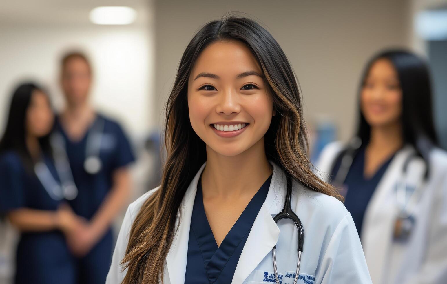 A smiling female nurse standing in front of a group of other nurses photo