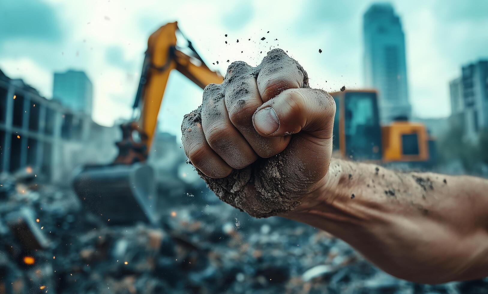 A man's fist is in the middle of a demolition site photo