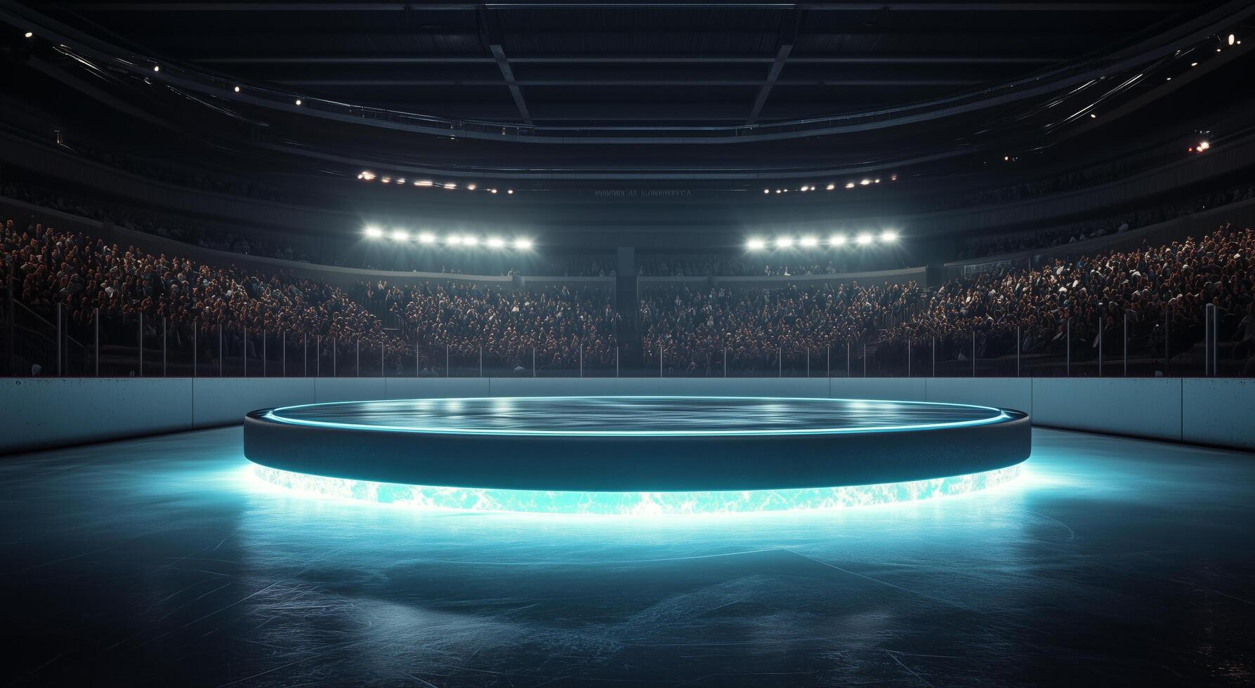 An empty ice rink with a glowing circle on it photo