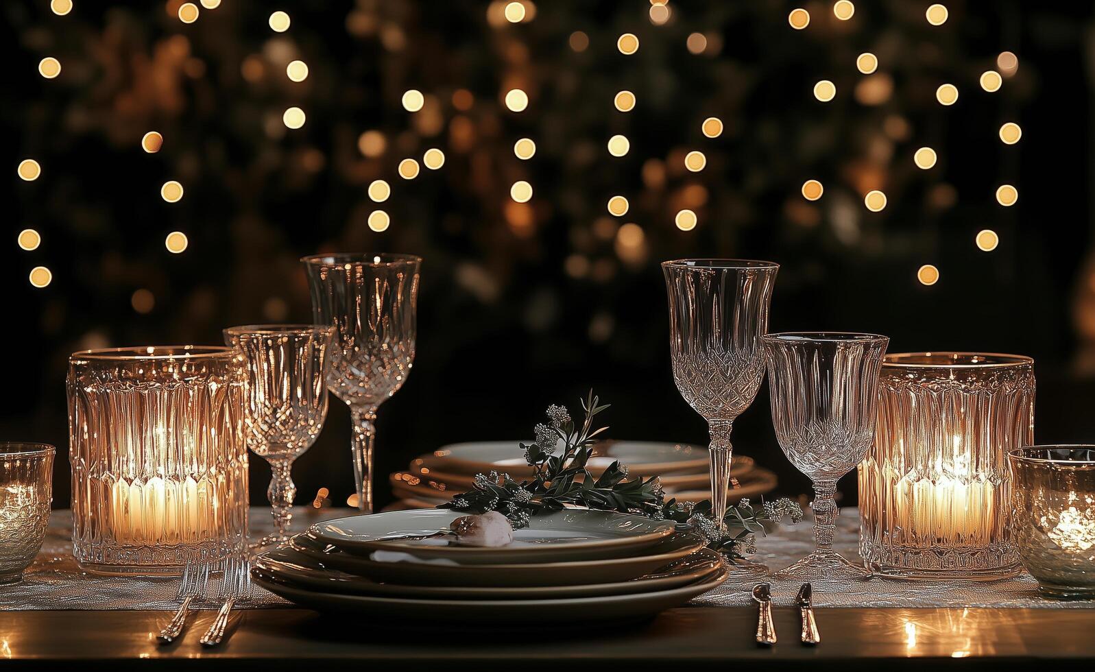 A table set for dinner with candles and plates photo