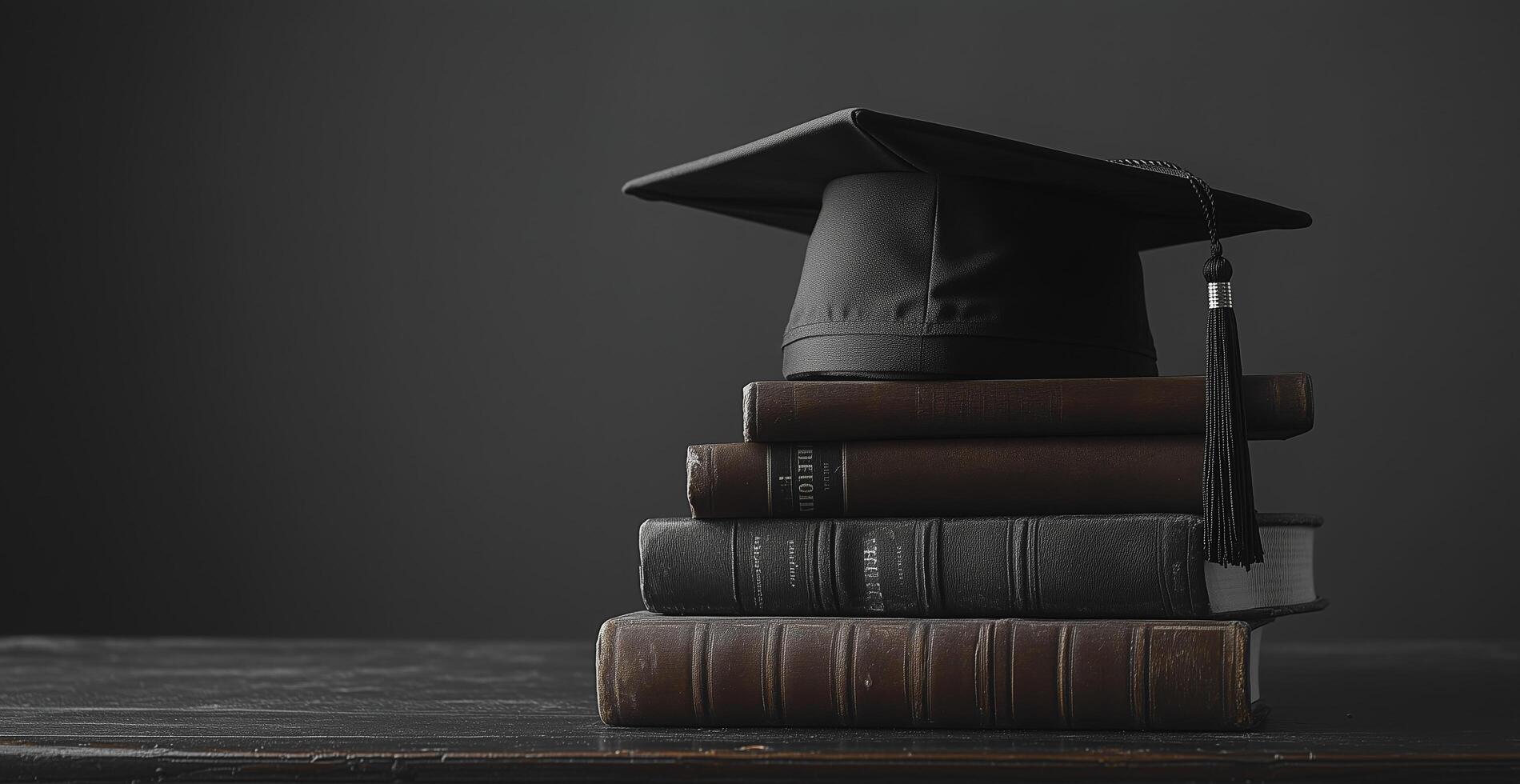 A graduation cap sits on top of a stack of books photo
