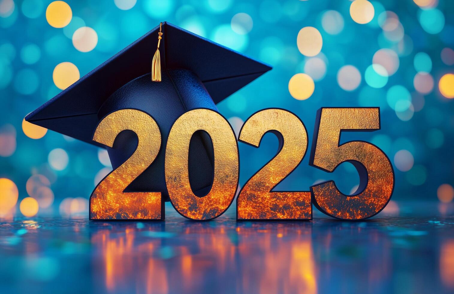 2025 graduation cap on a blue background with bokeh lights photo