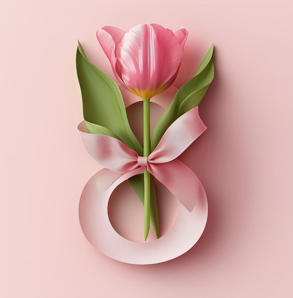 A pink tulip with a bow on the number eight photo