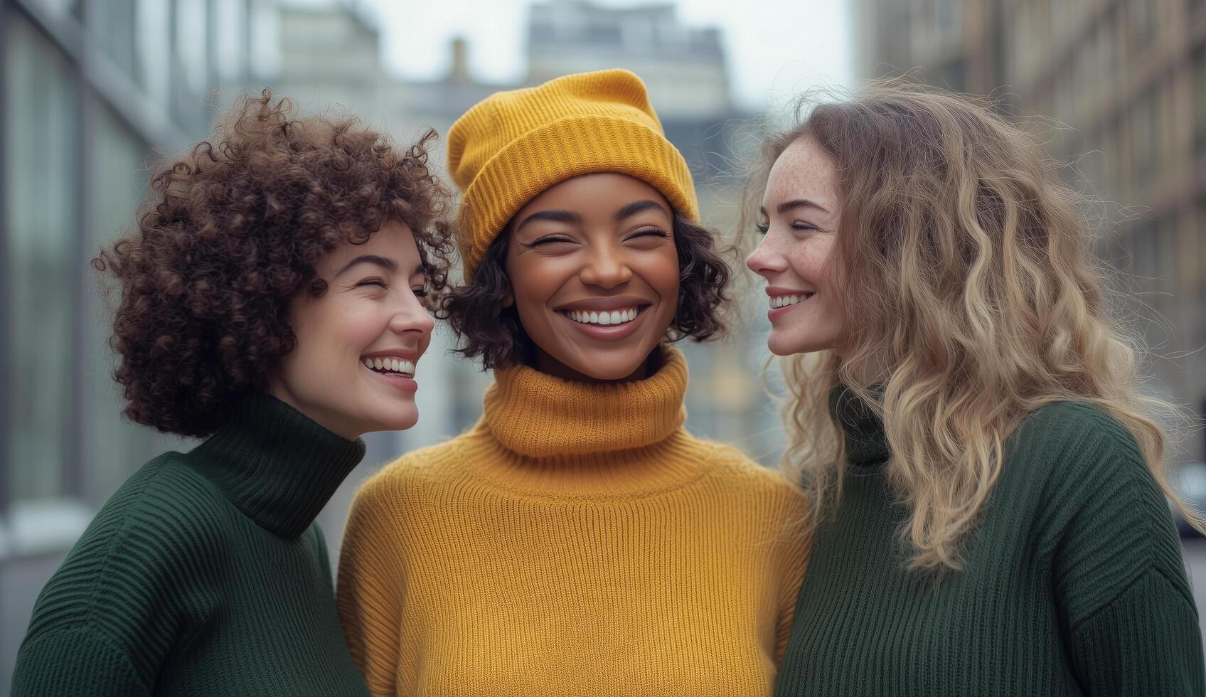 Three women in green sweaters and hats smiling photo
