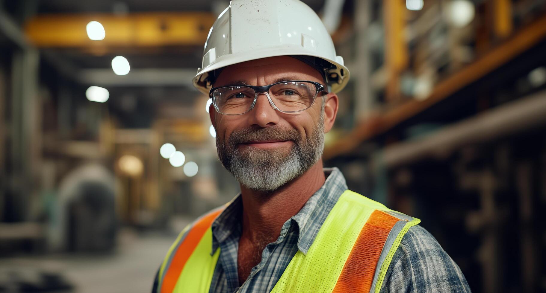 A man with glasses and a hard hat in a factory photo