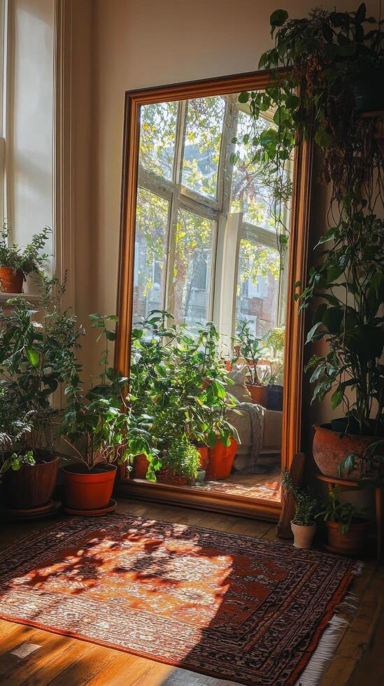 A room with plants and a mirror photo