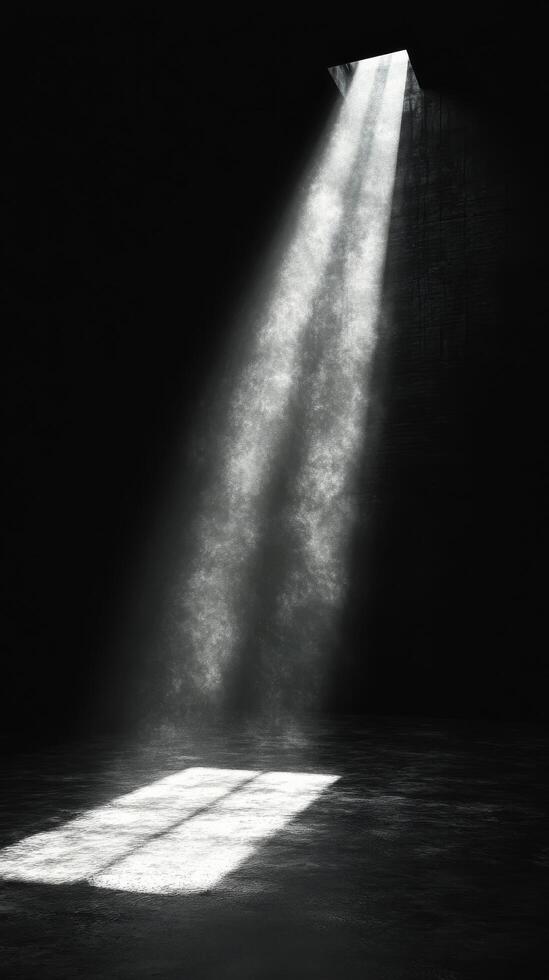 A light shining through a window in a dark room photo