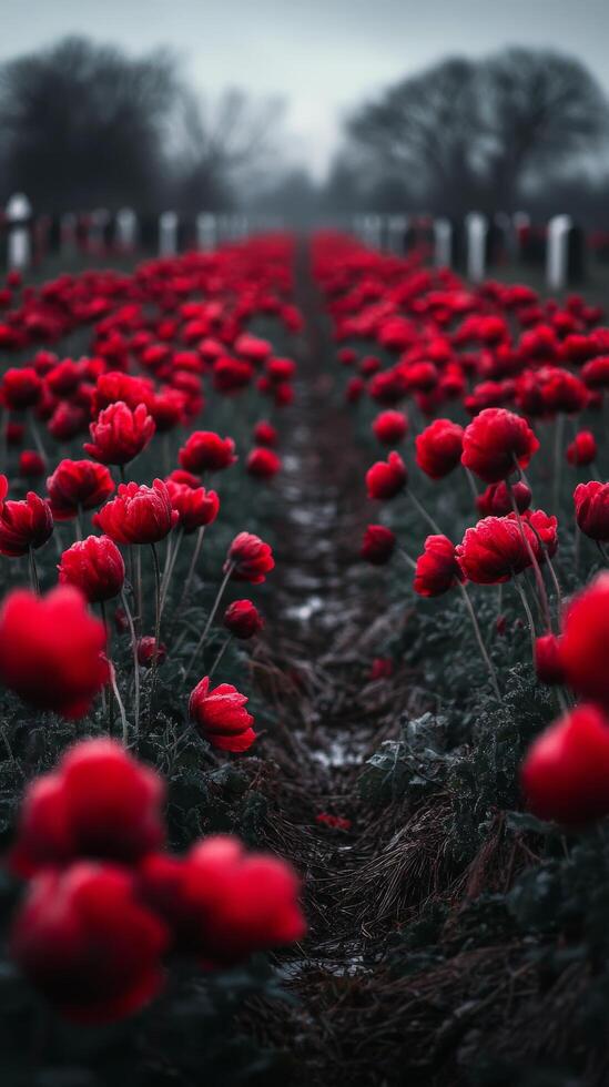 A field of red poppies in the rain photo