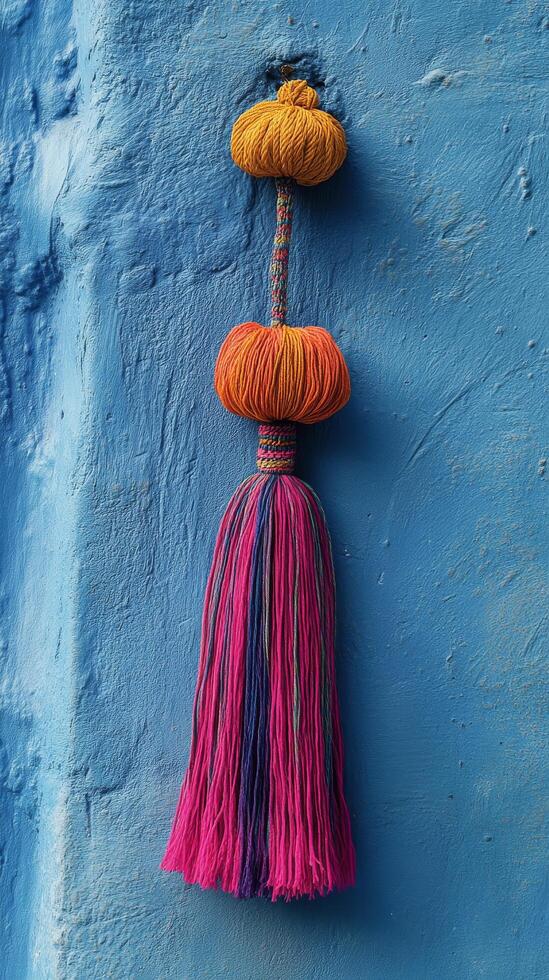 A colorful tassel hanging on a blue wall photo