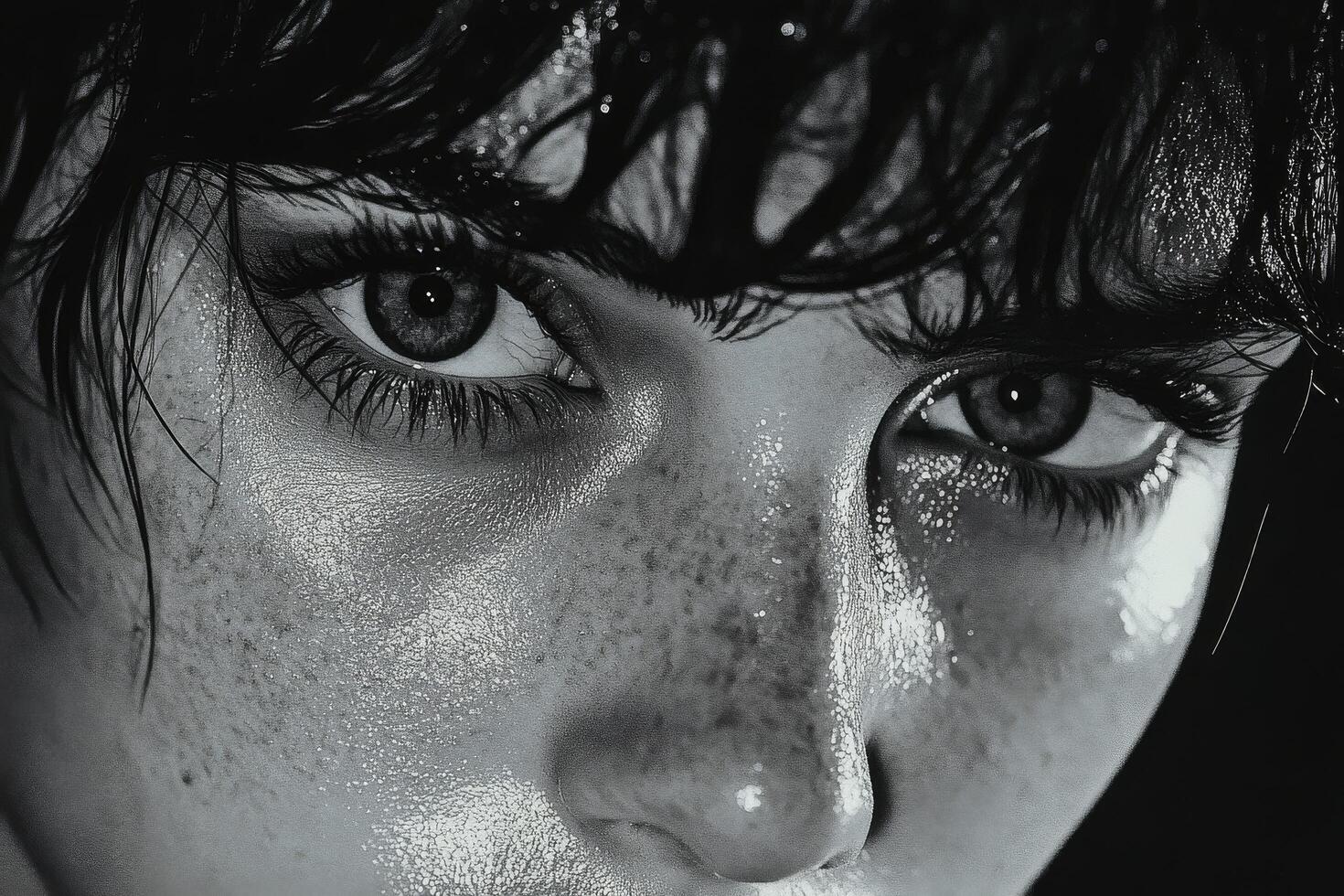 A black and white photo of a woman with freckles