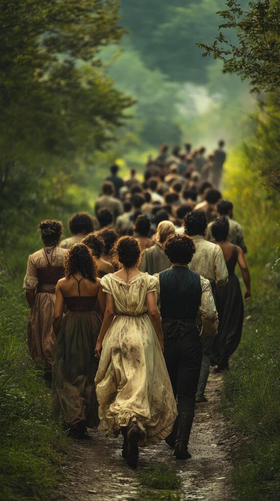 A group of people walking down a path in the woods photo