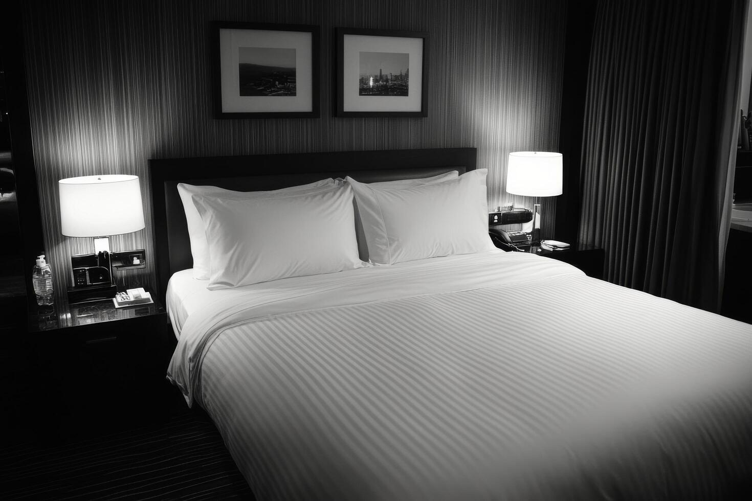 A black and white photo of a bed