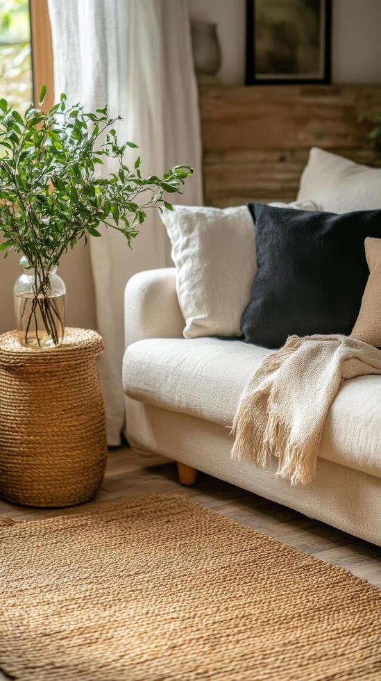 A living room with a couch, a table and a plant photo