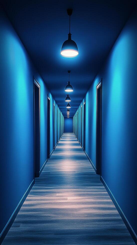 A long hallway with blue walls and a light at the end photo