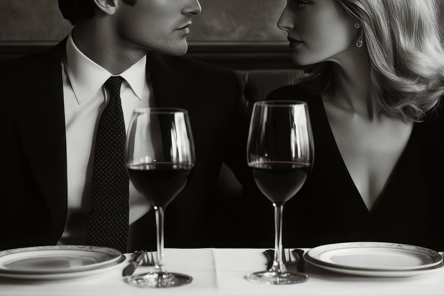 A man and woman sitting at a table with wine glasses photo