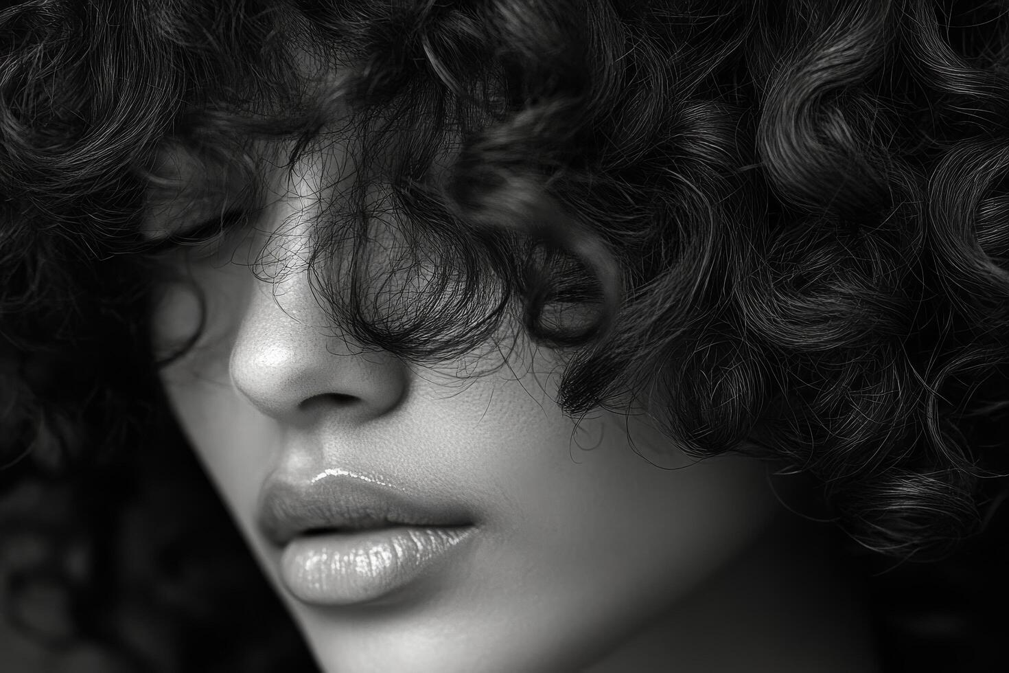A black and white photo of a woman with curly hair