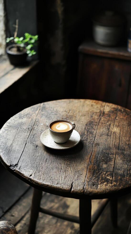 A wooden table with a cup of coffee sitting on it photo