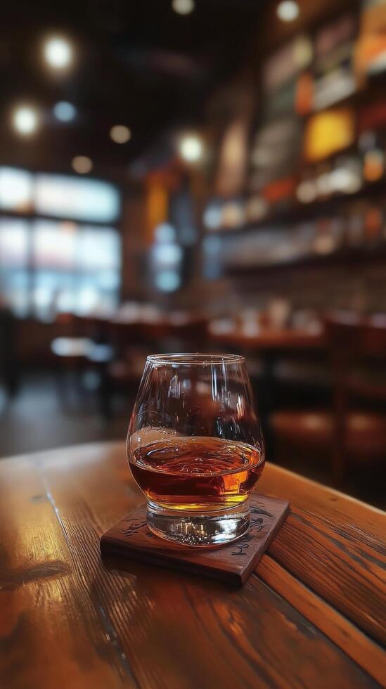 A glass of whiskey on a wooden table in a restaurant photo
