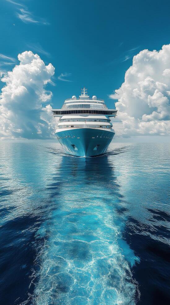 A cruise ship in the ocean with clouds in the background photo