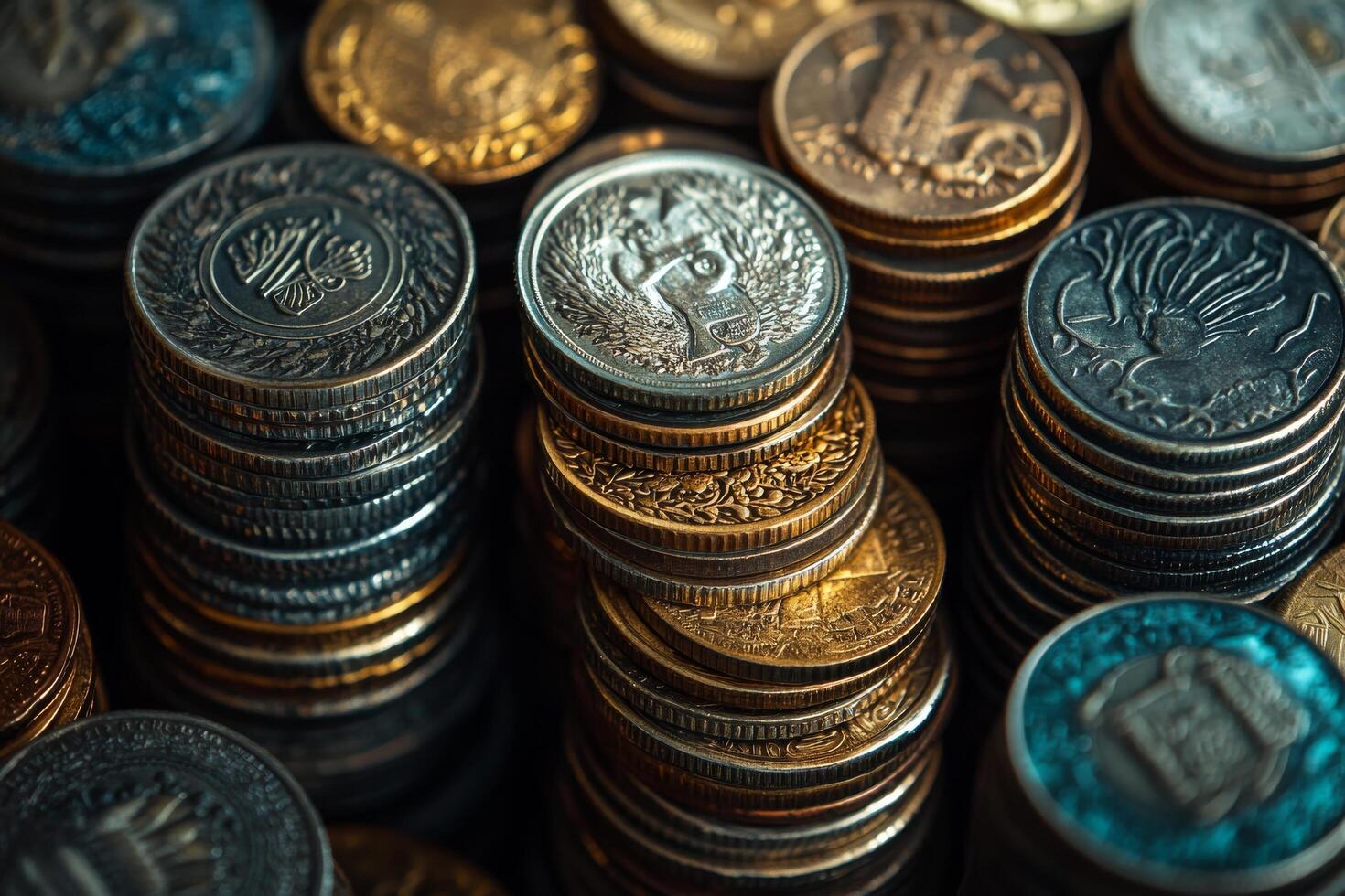 A close up of many coins stacked together photo