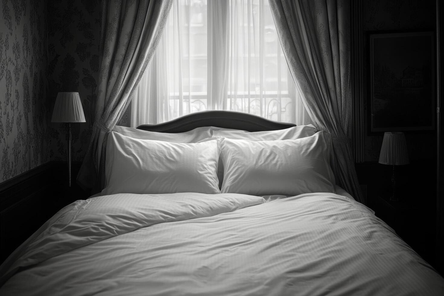 A black and white photo of a bed with white pillows