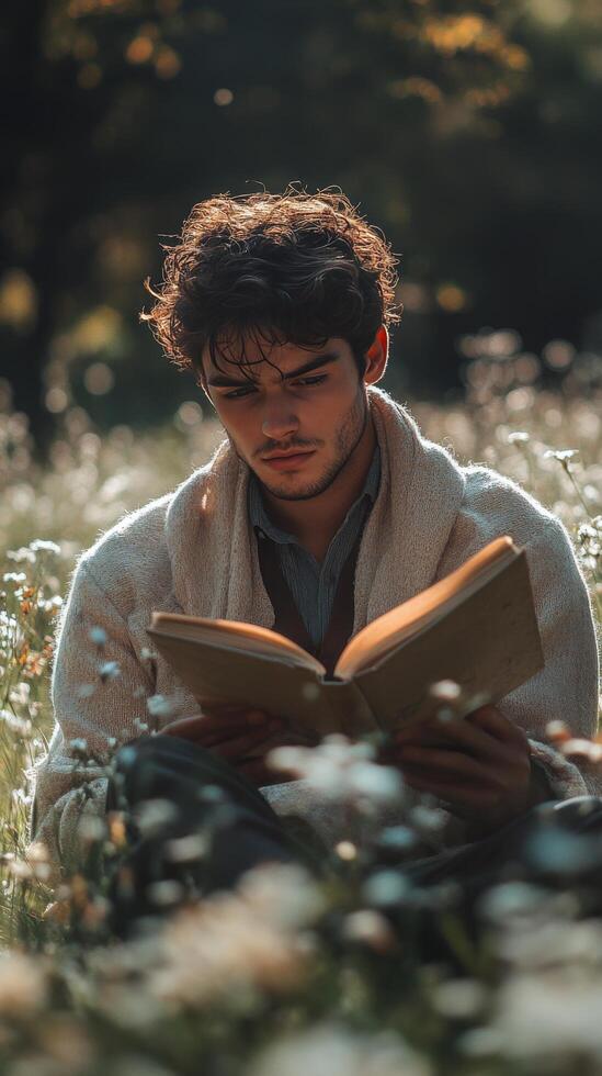 A man reading a book in a field of flowers photo