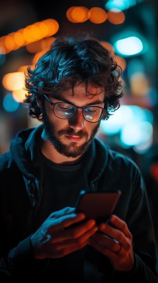 A man with glasses and a beard is looking at his phone photo
