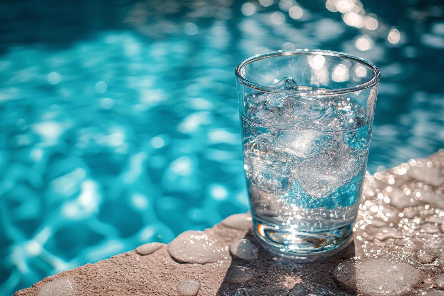 A glass of water sitting on a ledge near a pool photo