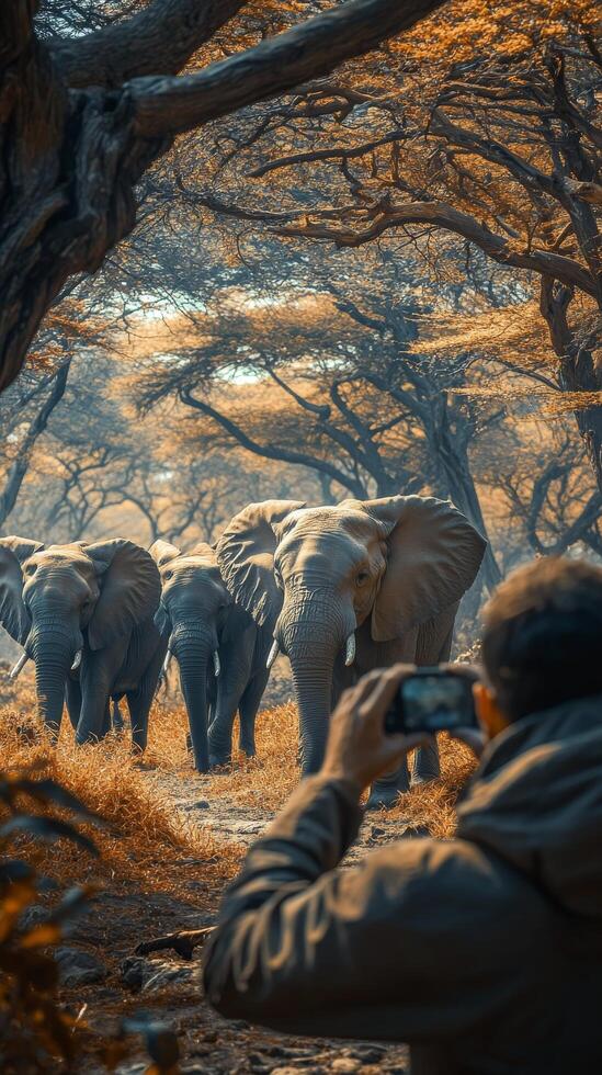 A man taking a picture of elephants in the woods photo