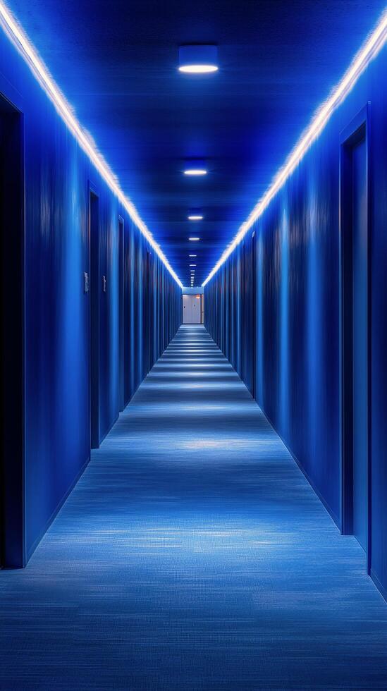 A long hallway with blue lights in it photo